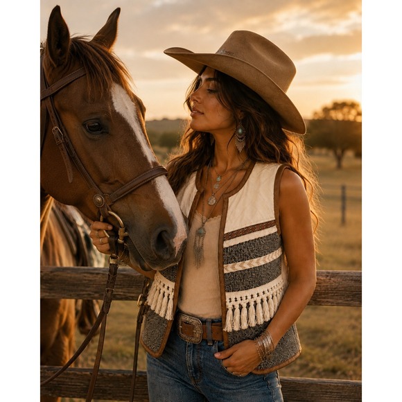THML Jackets & Blazers - THML Boho Tassel Fringe Knit Vest Brown Grey Cream Western Embroidered Small